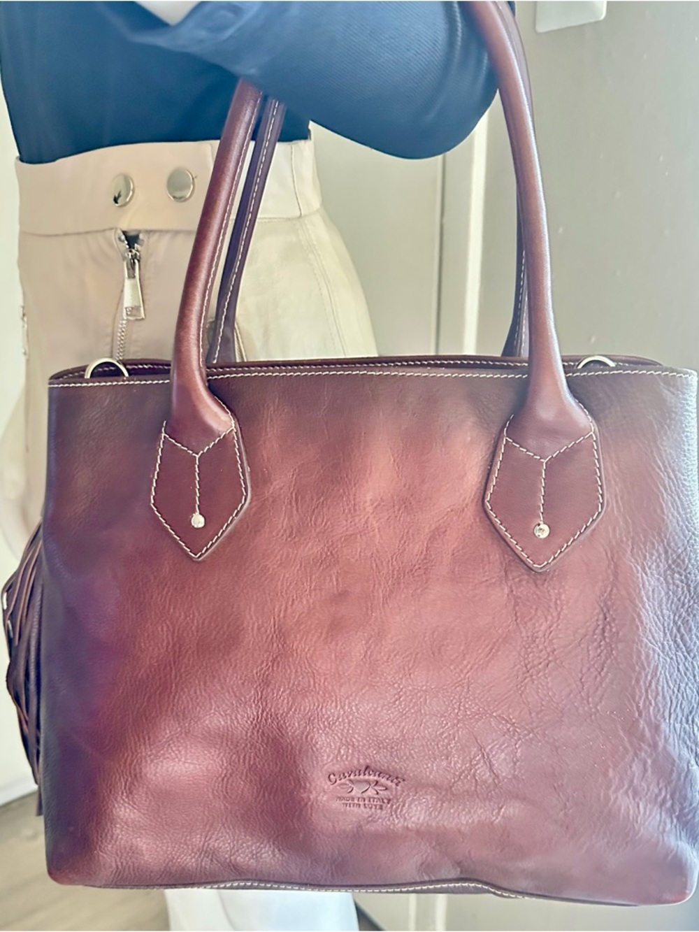 Cavalcanti Italian Designer Cognac Leather
Handbag Purse Satchel Tote tassel